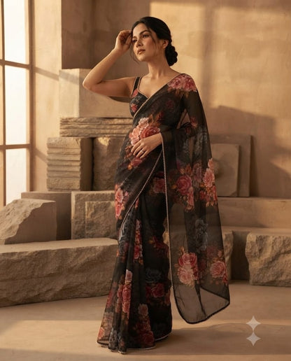 Exquisite black floral printed organza Saree with delicate embellished border