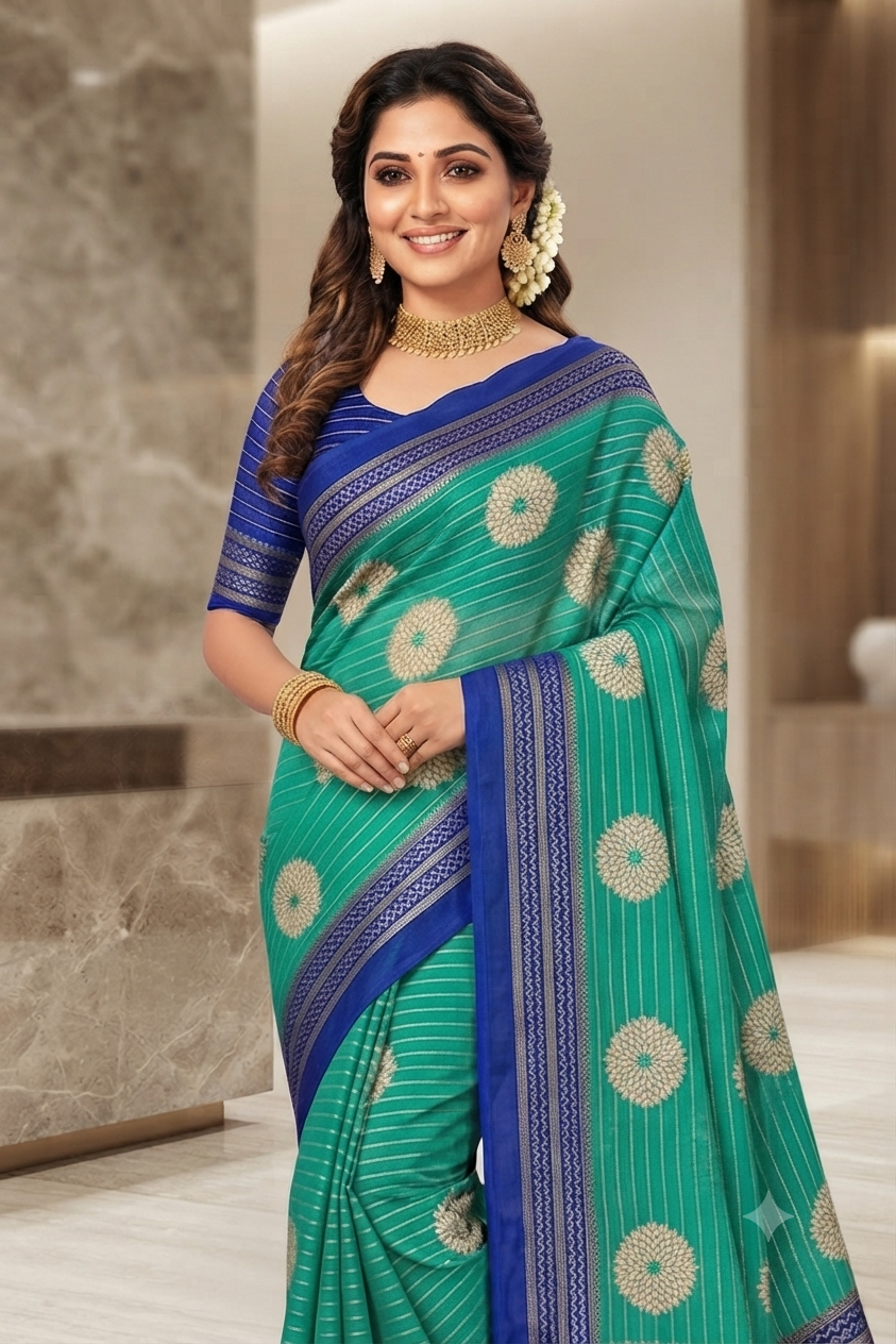 Radiant green floral motif saree with a mixture of silk&cotton