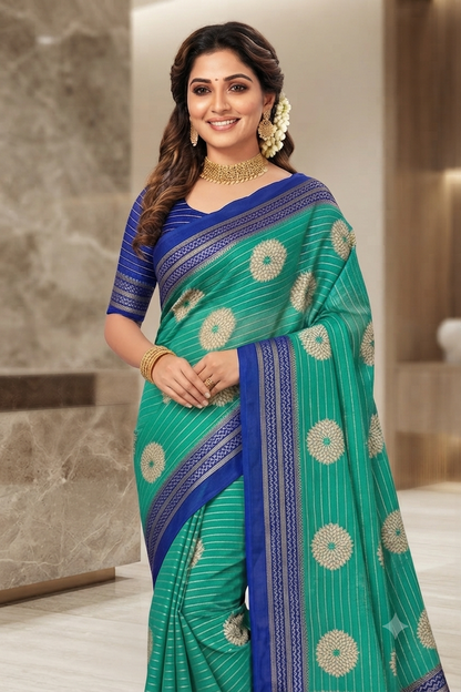 Radiant green floral motif saree with a mixture of silk&cotton