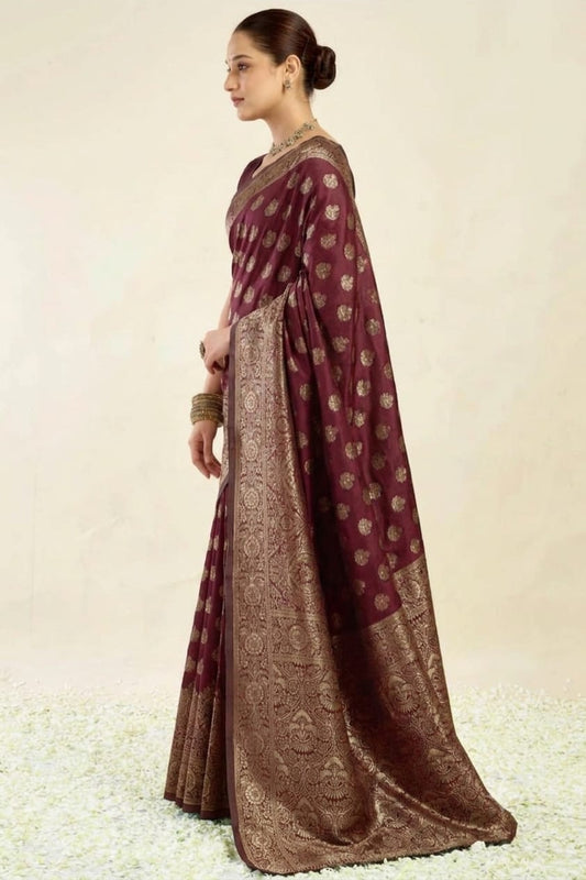 Maroon silky banarsi saree with jari boundary