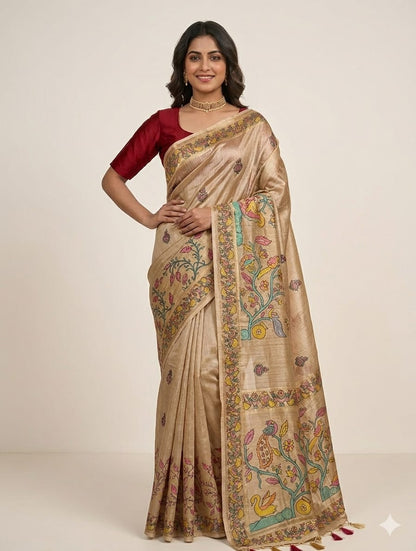 Golden silk banarsi saree -modern style -alongwith embroidery blouse & peticoat