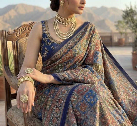 Dark navy with handcrafted embroidered masterpiece saree