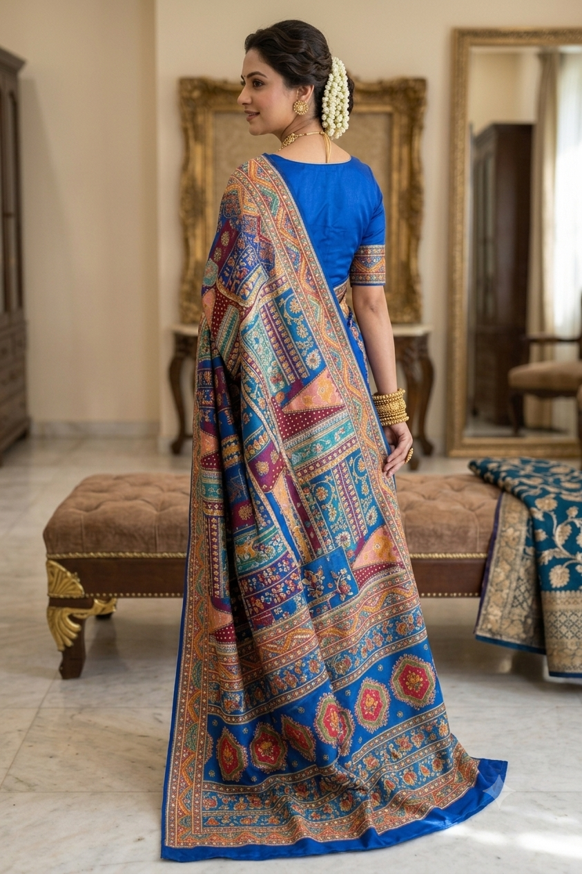 Exquisite royal blue silky saree with intricate patch work & zari border