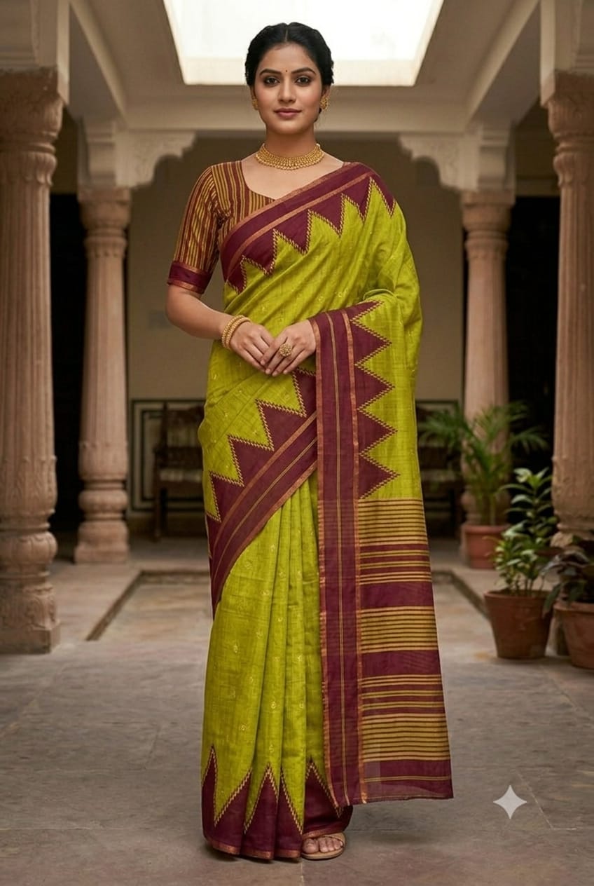 Light green polyester fabric saree with simple design