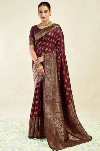 Dark maroon silky banarsi saree