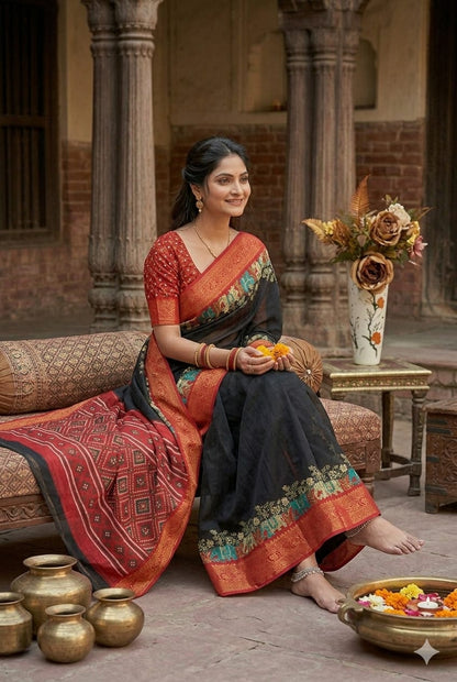 Black silky saree with kesar  boundary