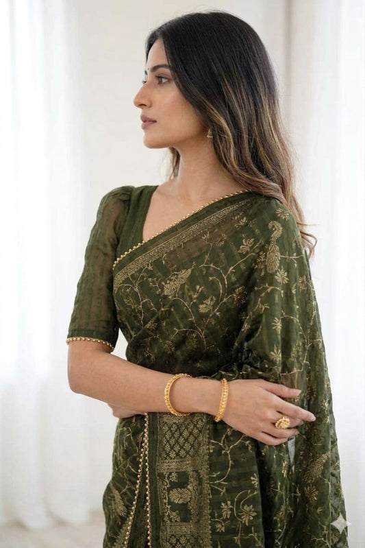 Black printed georgette saree with full sleeves blouse