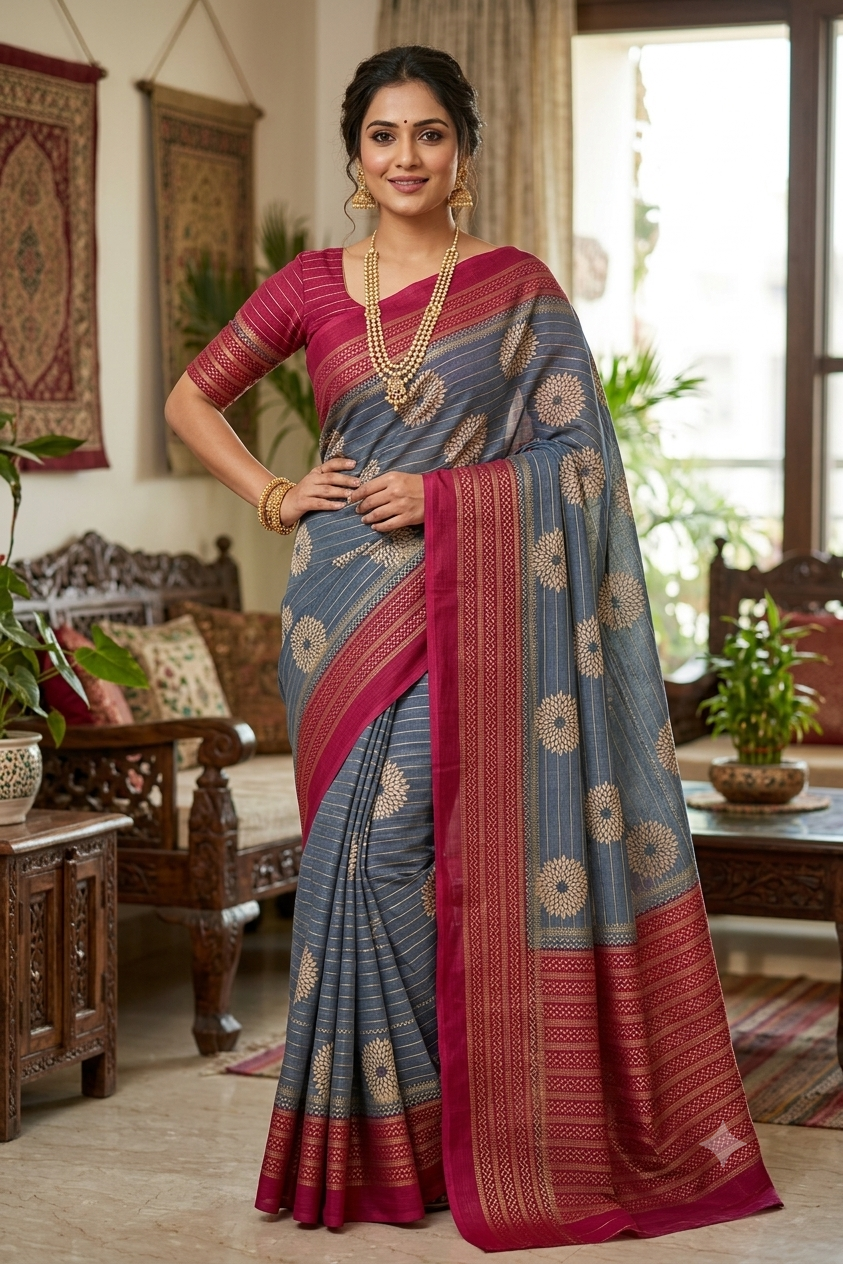 Slate coloured premium georgette saree with shining texture