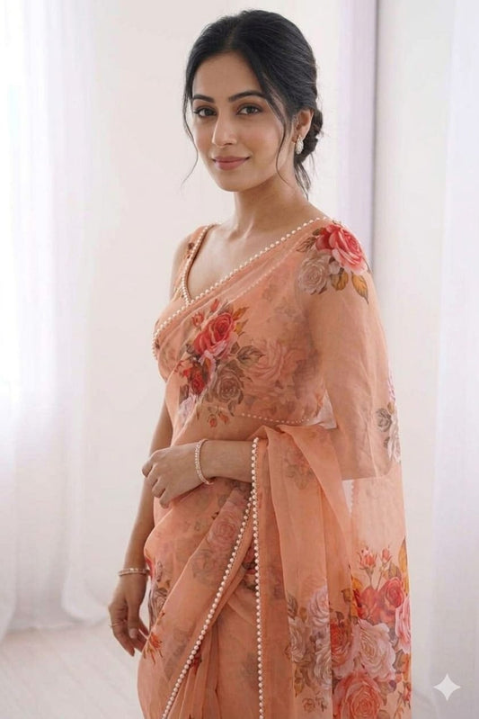 Georgette printed light pink saree with extra comfort