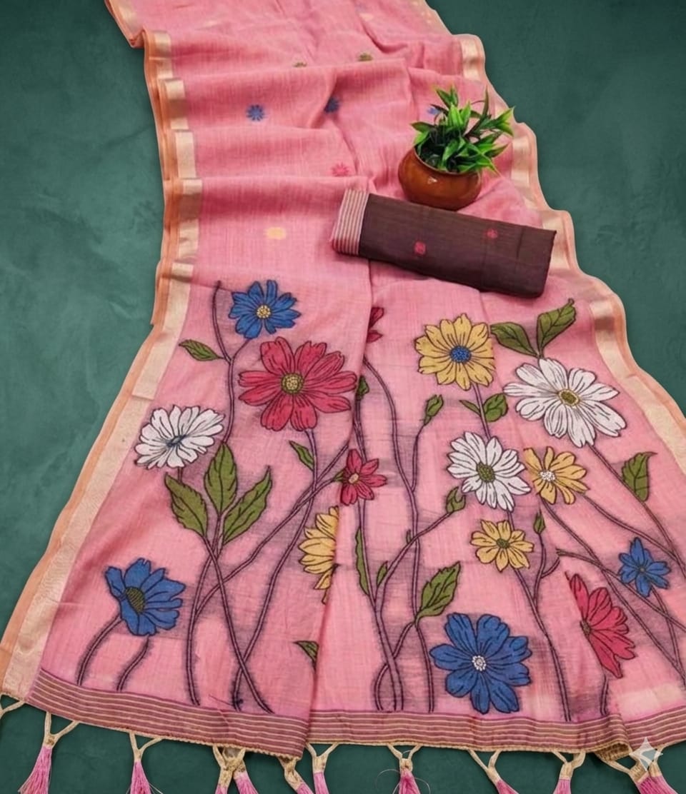 Pinky promise organza -embroidery jari cotton boundary along with cotton blouse