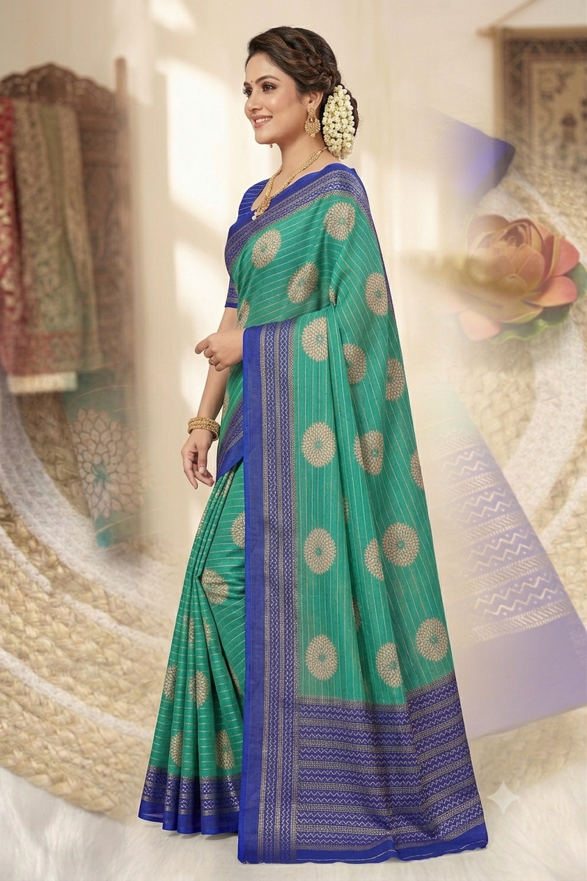 Radiant green floral motif saree with a mixture of silk&cotton