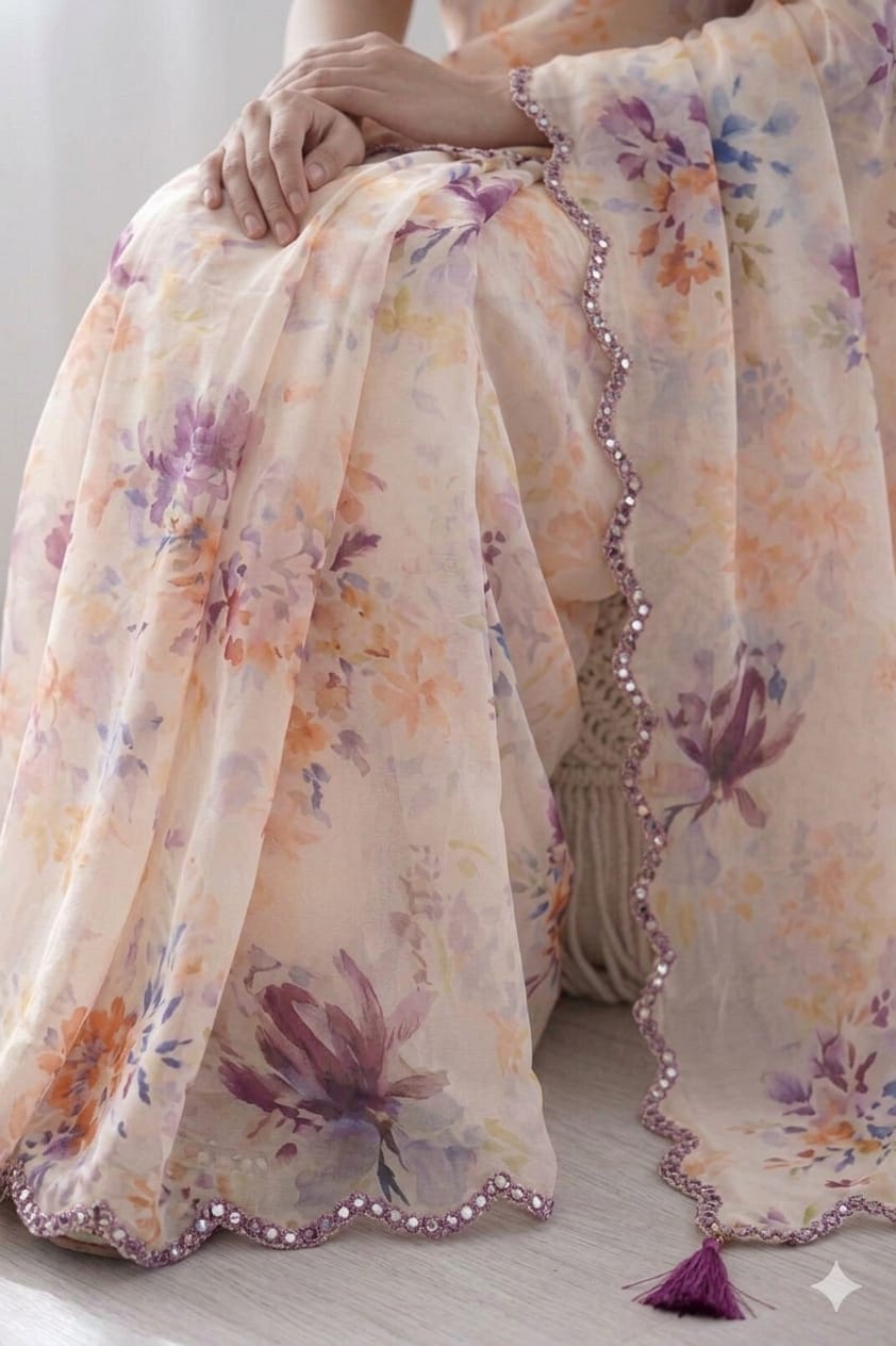 Light Creamy printed georgette saree ready to wear
