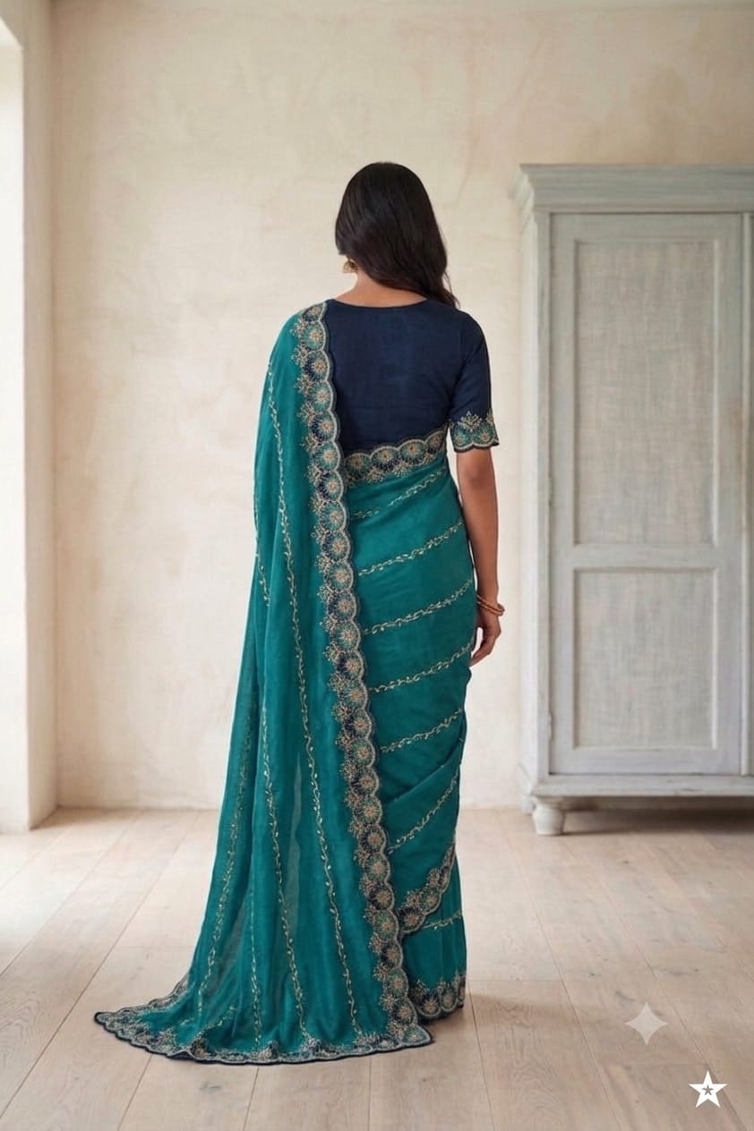 Dark green synthetic saree with shining embroidery design