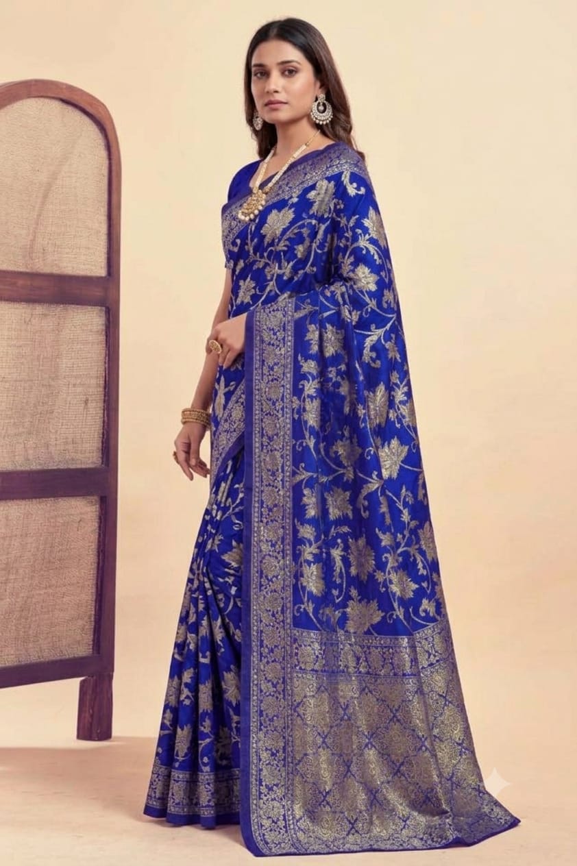 Dark blue mixture of silk and jari enhanced by nature