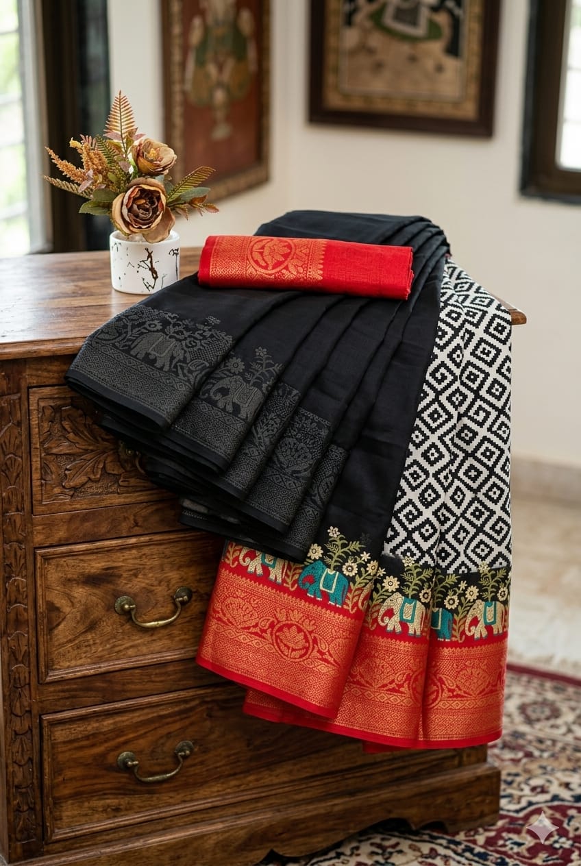 Black silky saree with kesar  boundary
