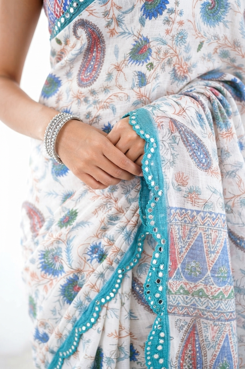 Embrace effortless elegance with this linen blend fabric printed saree