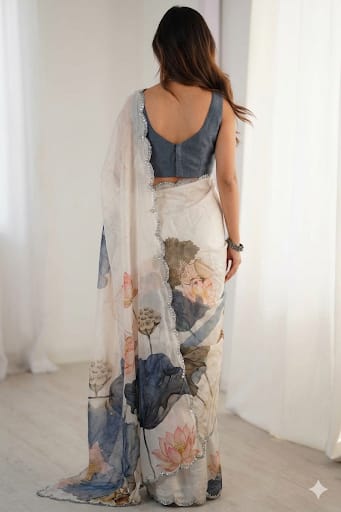 Milky white georgette saree with burned flower