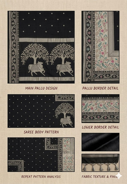 Dark black saree with cotton fabrics & designing boundary