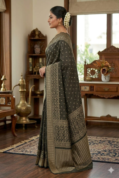 Dark black silk bnarsi look with simple texture jari embroidery