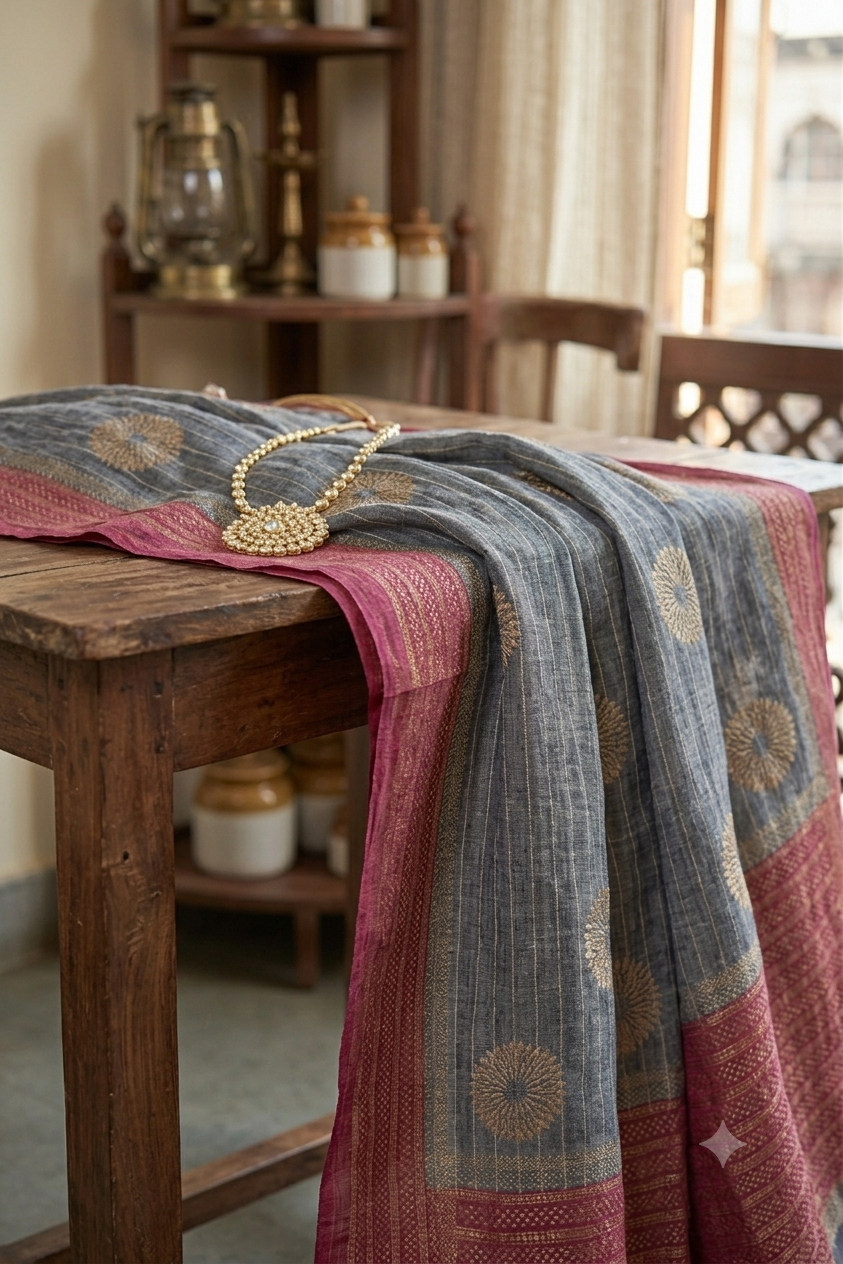 Slate coloured premium georgette saree with shining texture