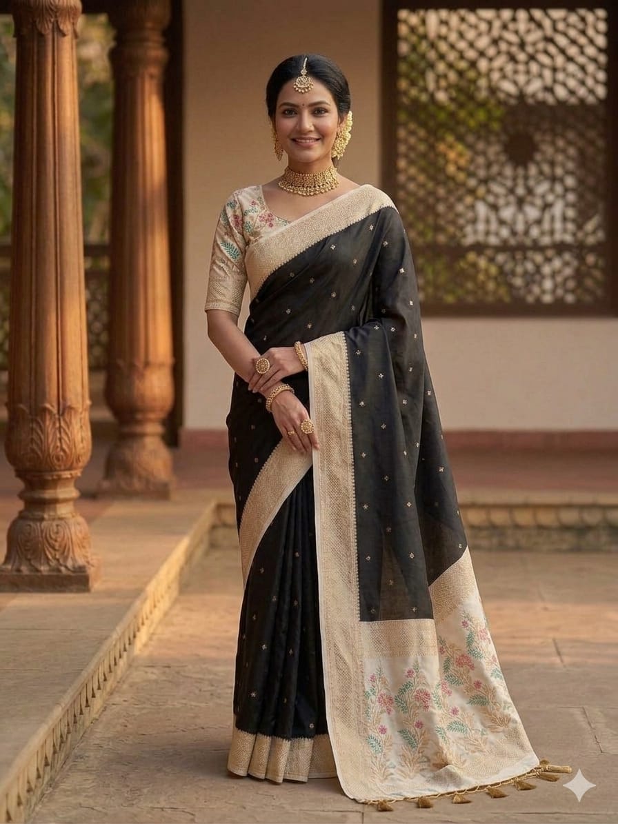 Dark black saree with cotton fabrics & designing boundary