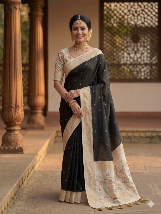 Dark black saree with cotton fabrics & designing boundary