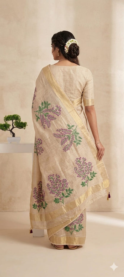 Light Creamy traditional embroidery design saree pure cotton