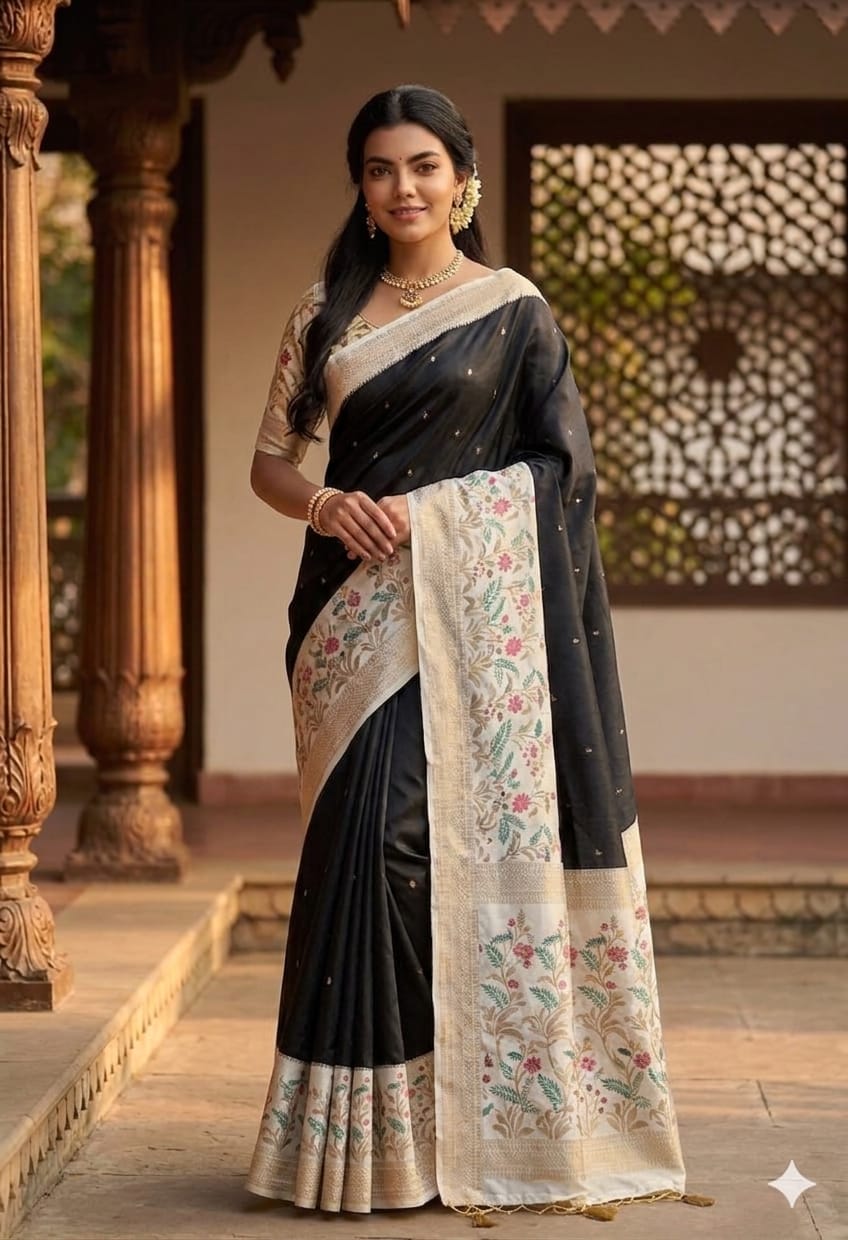 Dark black saree with cotton fabrics & designing boundary