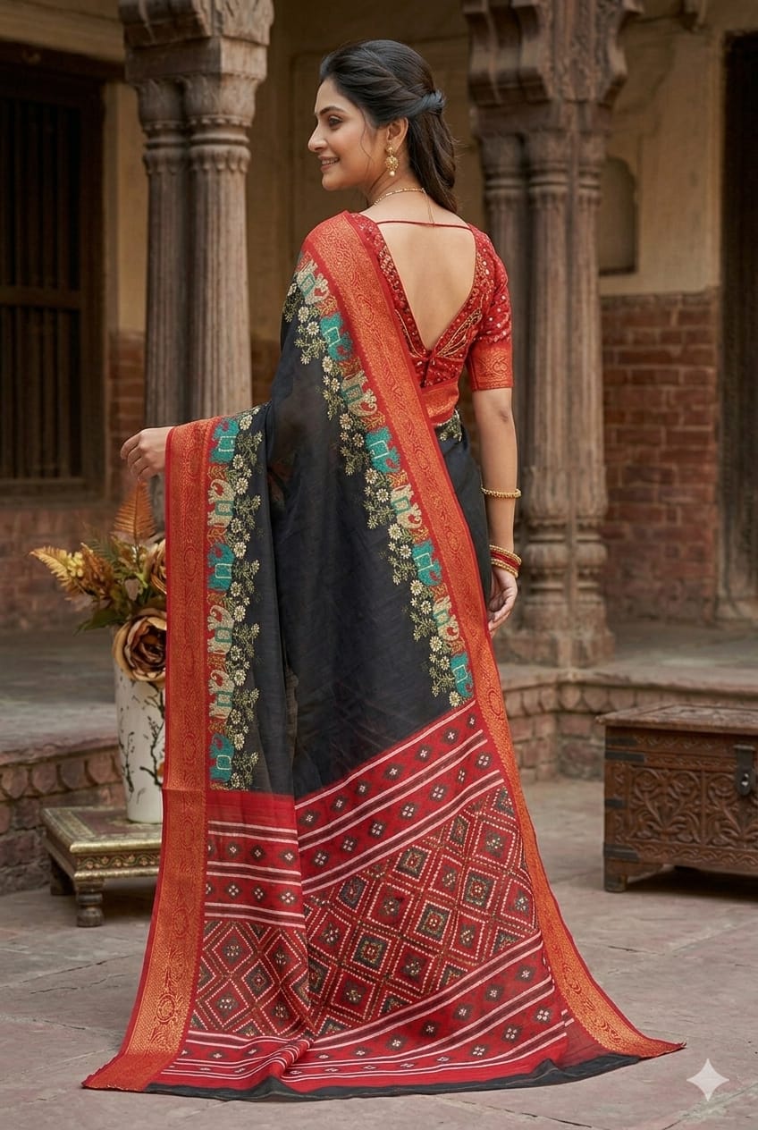 Black silky saree with kesar  boundary
