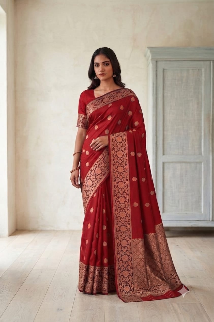 Dark red sindoor coloured premium silky saree