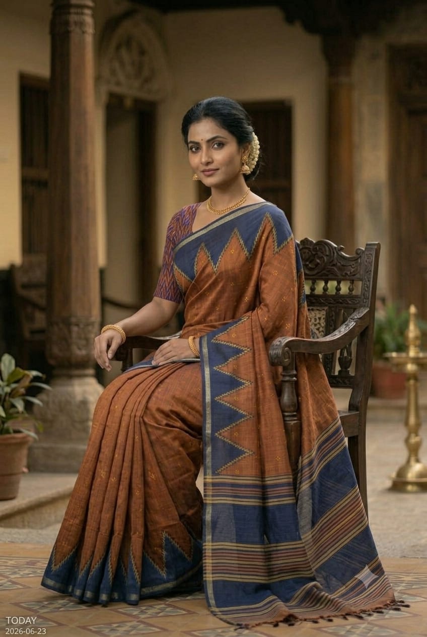 Mixture of kesari and brown colour saree chiffon fabric