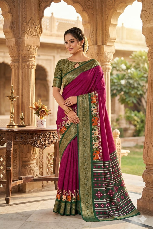 Maroon silky banarsi with high texture