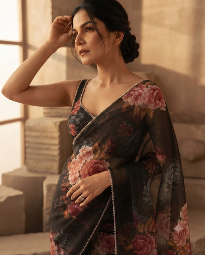 Exquisite black floral printed organza Saree with delicate embellished border