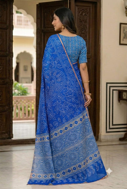 Asmani blue saree mixture of polyester fabric