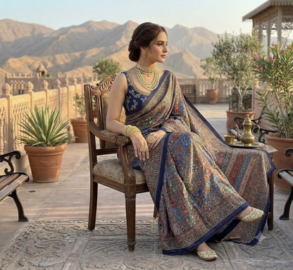 Dark navy with handcrafted embroidered masterpiece saree