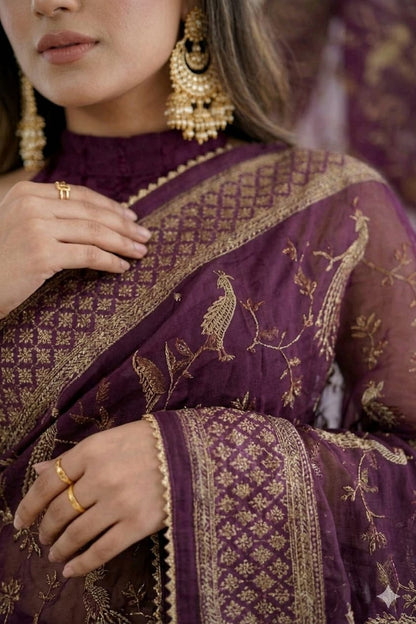 Dark bengani printed georgette saree with stylish daily wear