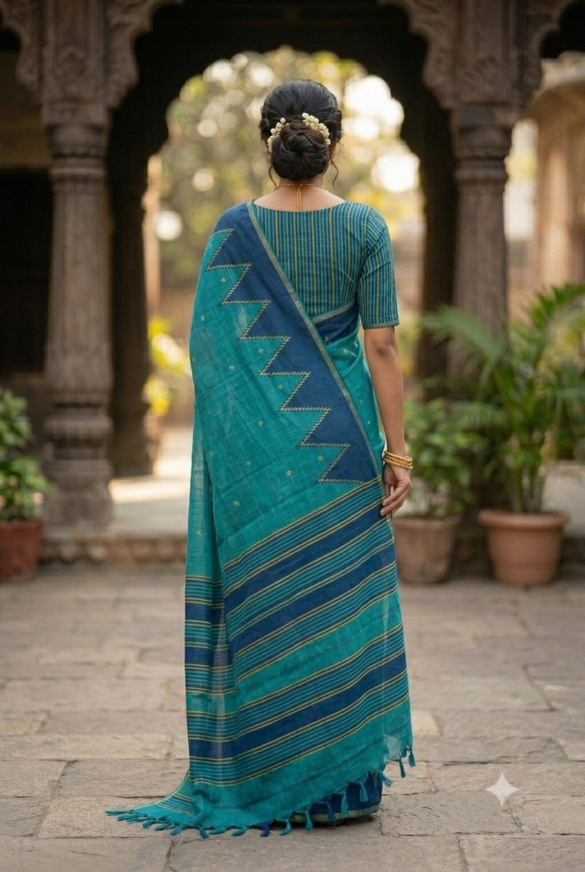 Dark asmani polyester fabric simple plain saree