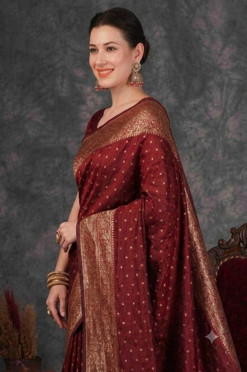 Maroonish silky comfortable bnarsi saree