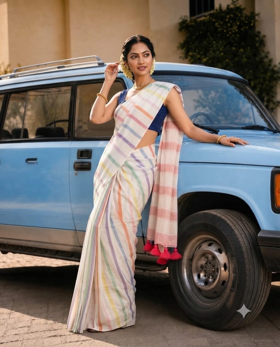 Elegant pastel striped linen saree with tassels perfect for you