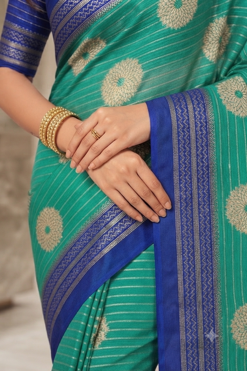 Radiant green floral motif saree with a mixture of silk&cotton