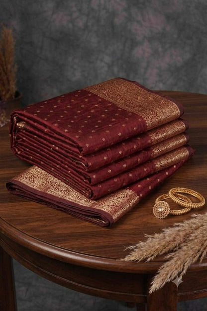 Maroonish silky comfortable bnarsi saree