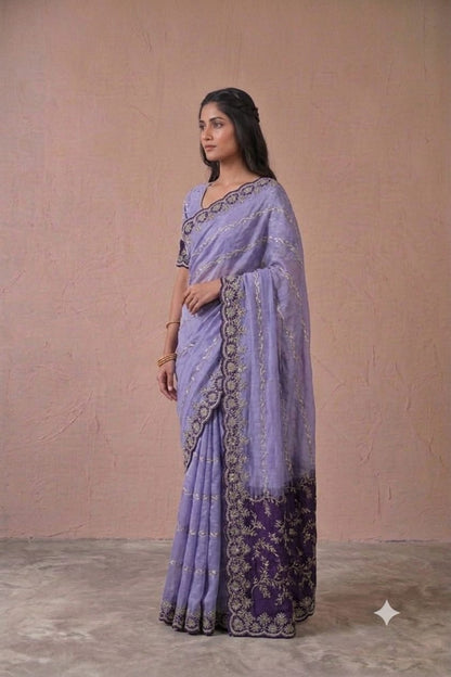 Synthetic fibre saree with shining embroidery design premium polister