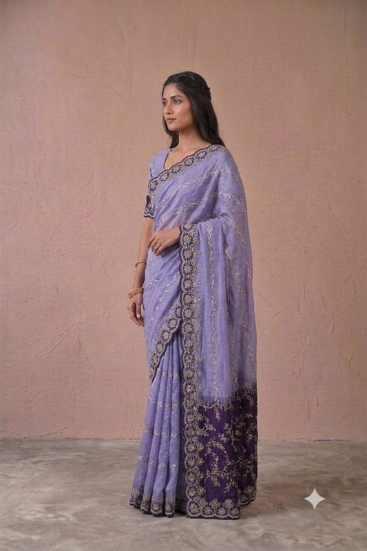 Synthetic fibre saree with shining embroidery design premium polister