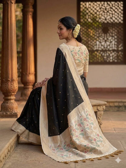 Dark black saree with cotton fabrics & designing boundary