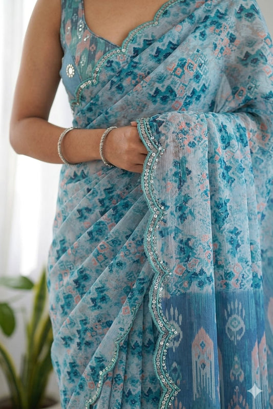Blue milky georgette saree with shining texture