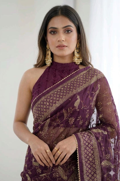 Dark bengani printed georgette saree with stylish daily wear