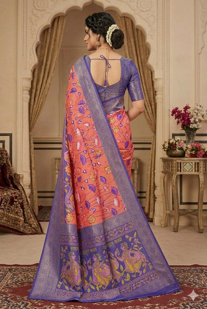 Pinky shiny silk saree with dark blue border