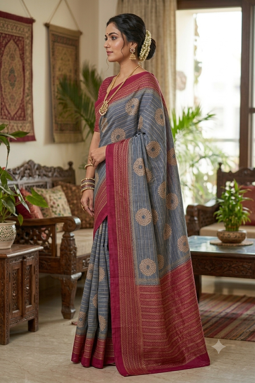 Slate coloured premium georgette saree with shining texture