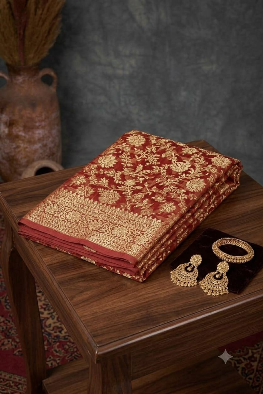 Red coloured premium jari worked floral saree