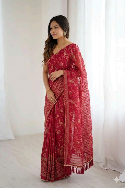 Maroon Georgette with golden jari embroidery work royal look